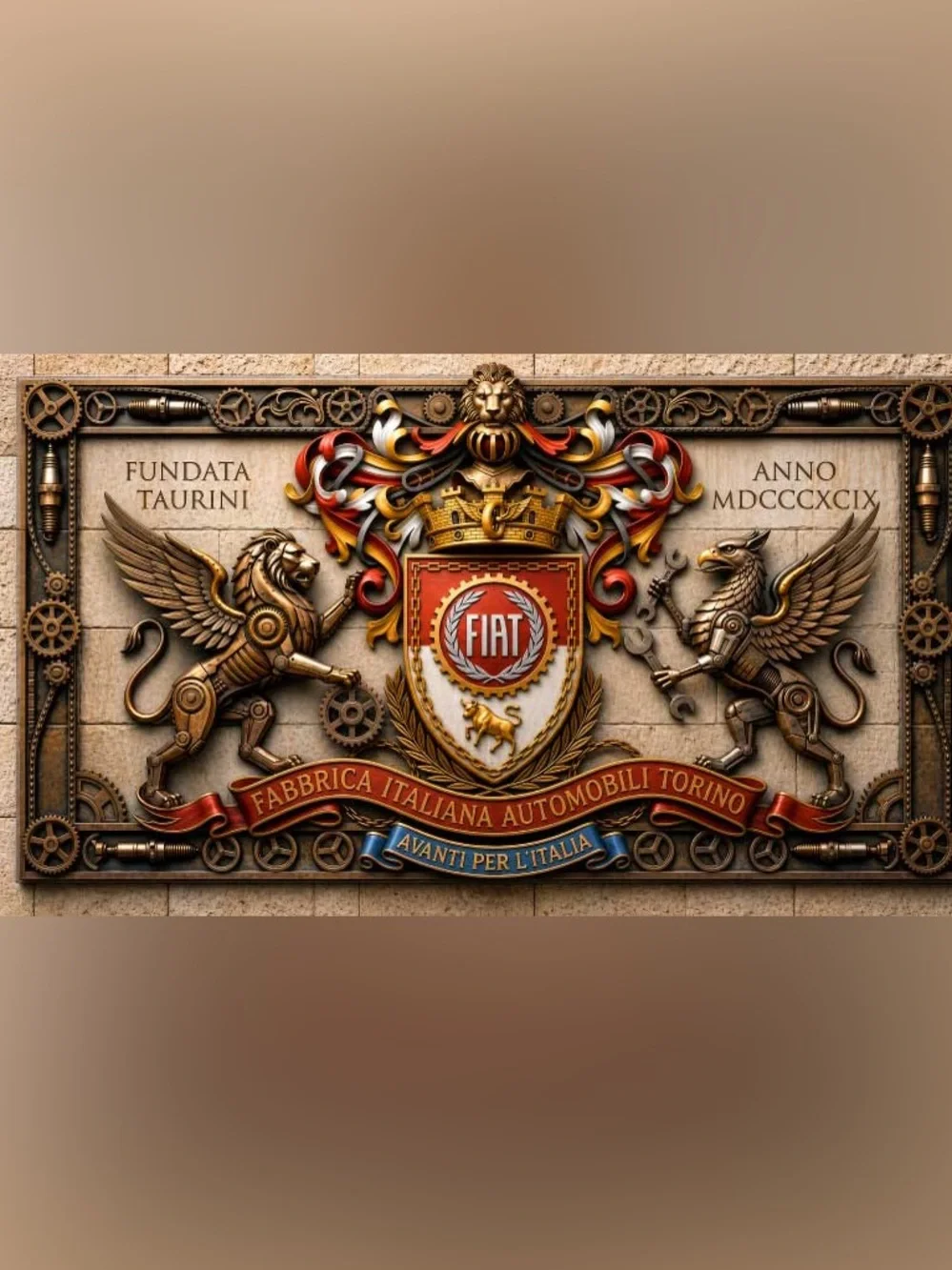 Custom FIAT Heritage Crest printed on 3mm PVC 20w x 12h approx. flat wall print.
